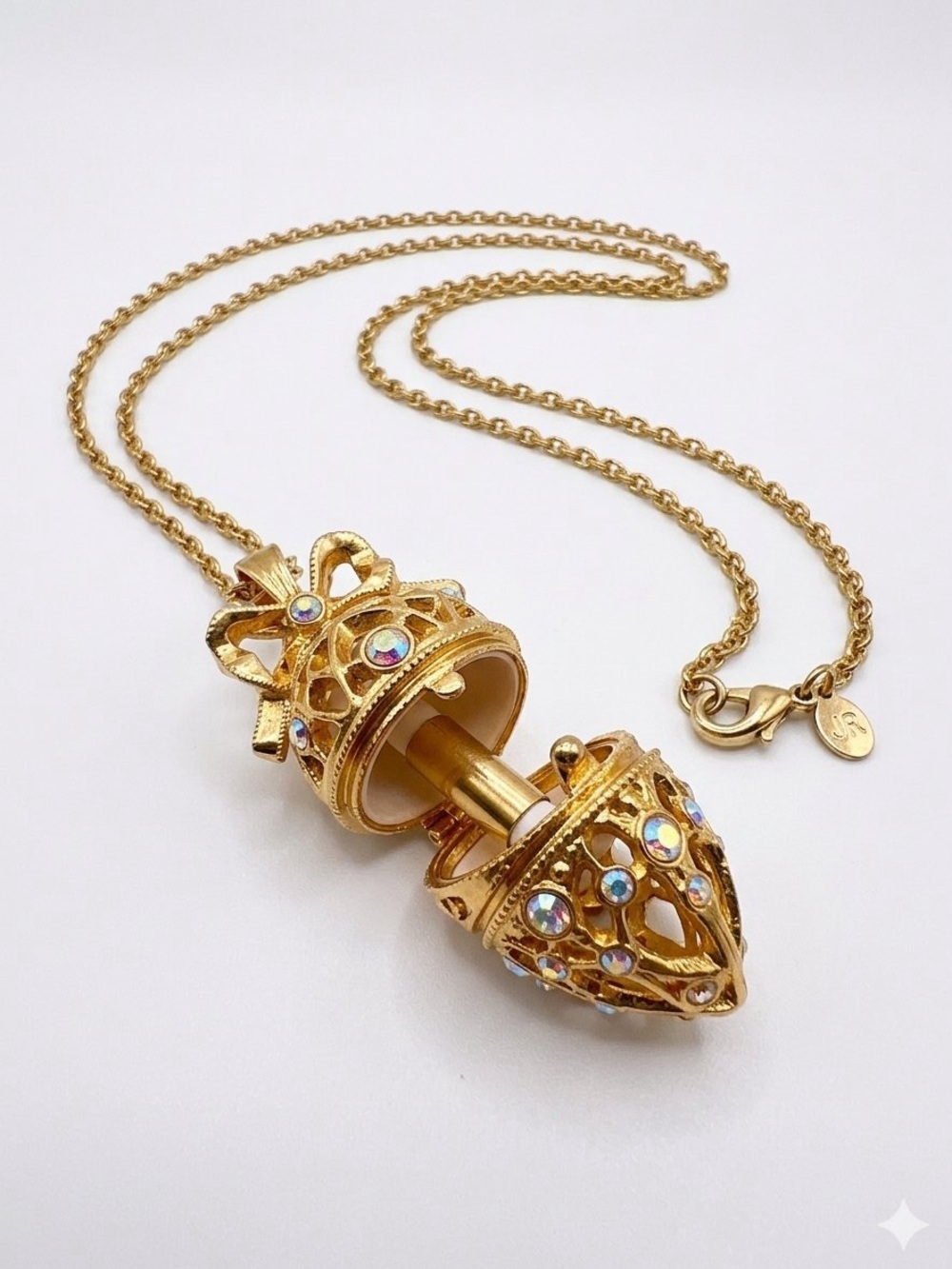 Joan Rivers Vintage Secret of the Scroll Faberge Egg Locket Necklace Gold Tone